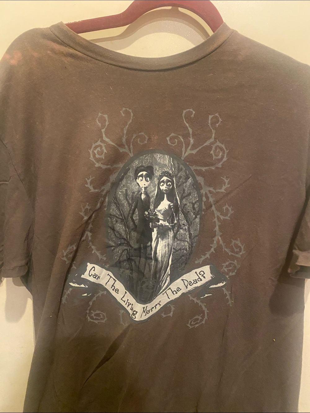 Brown Graphic Tee with Gothic Couple Illustration
